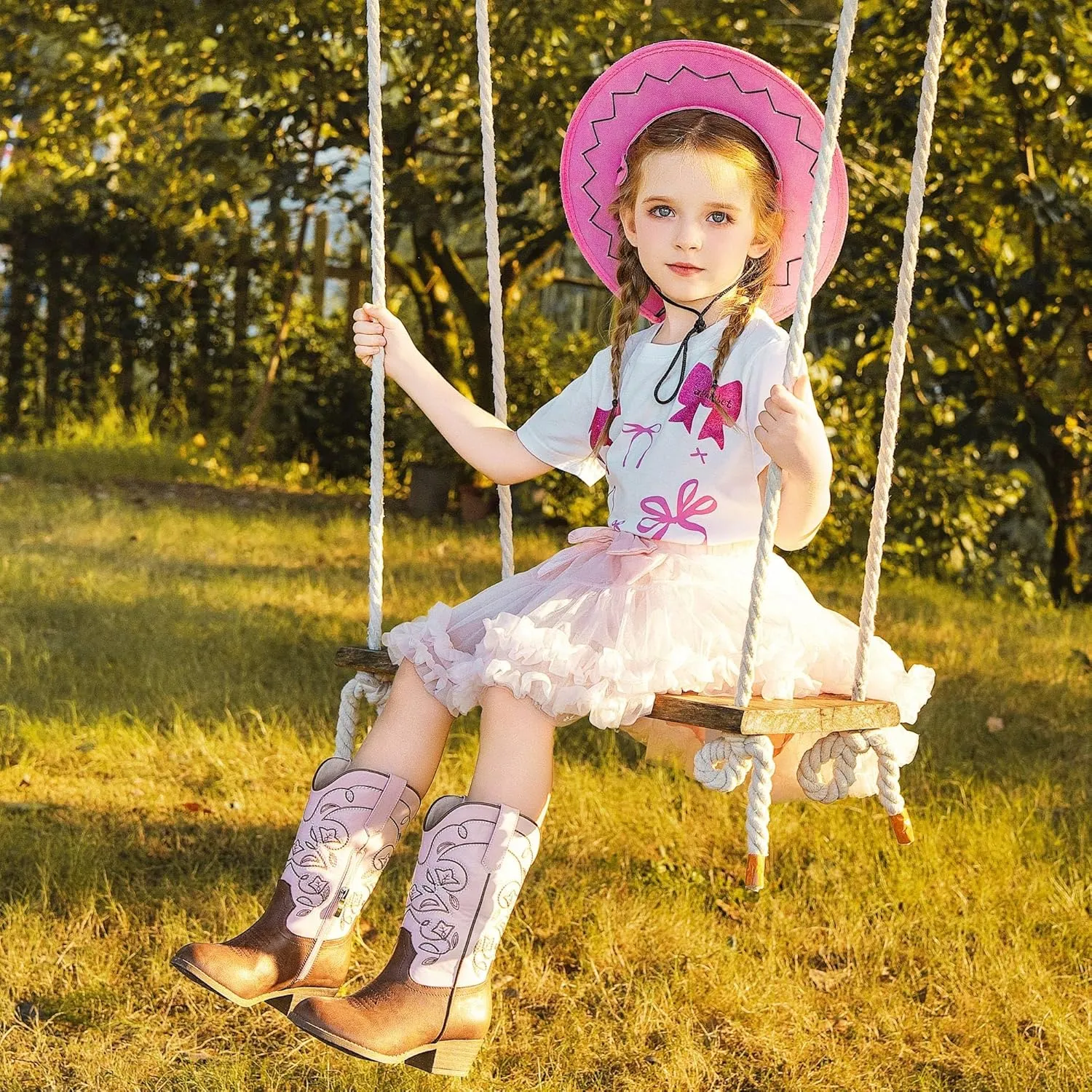 Cowgirl Boots for Girls Mid Calf Youth Girl Cowboy Western Boots Pointed Toe Embroidered for Horse Riding Country Party Toddler Little Big Kids