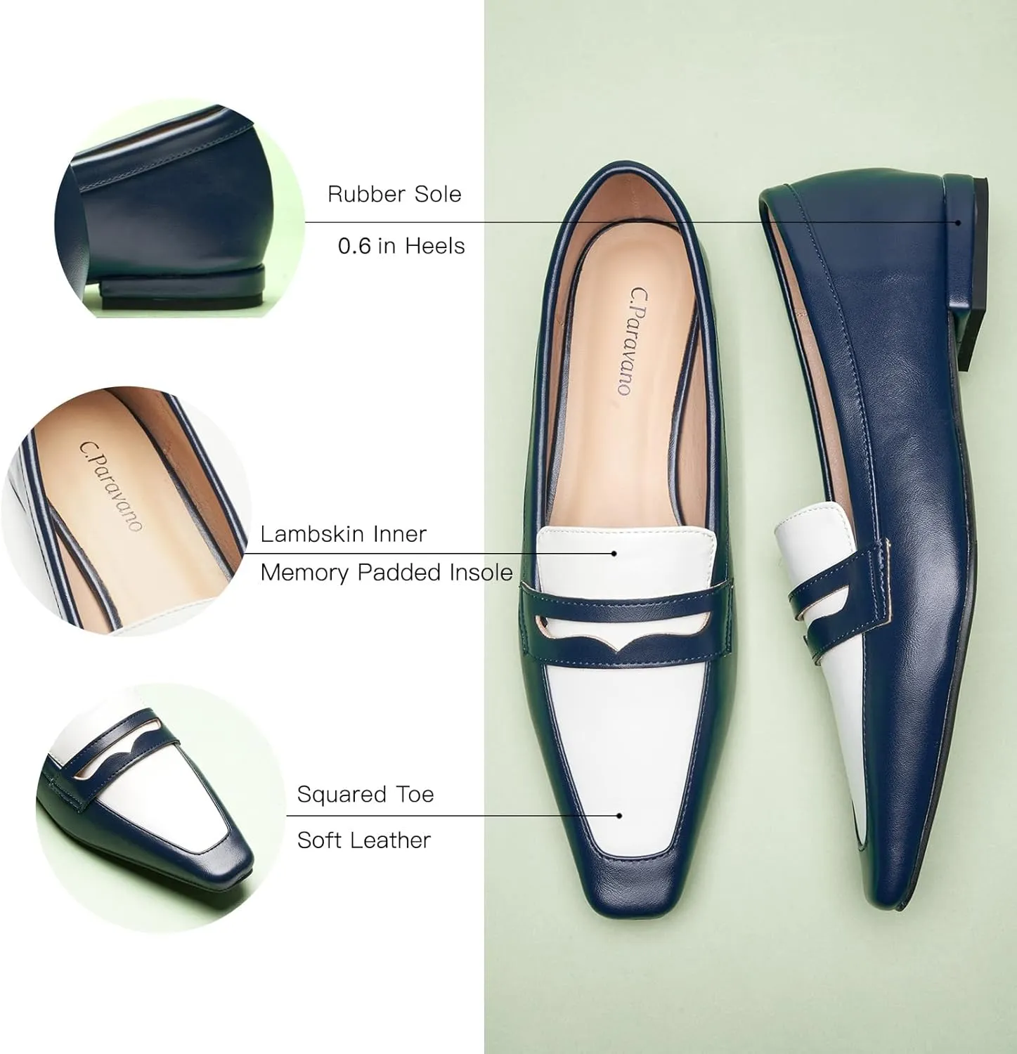 C.Paravano Penny Loafers for Women, Slip-ons Comfortable Dressy Formal Dress Square Toe Flats Loafer Shoes for Business Casual Wear