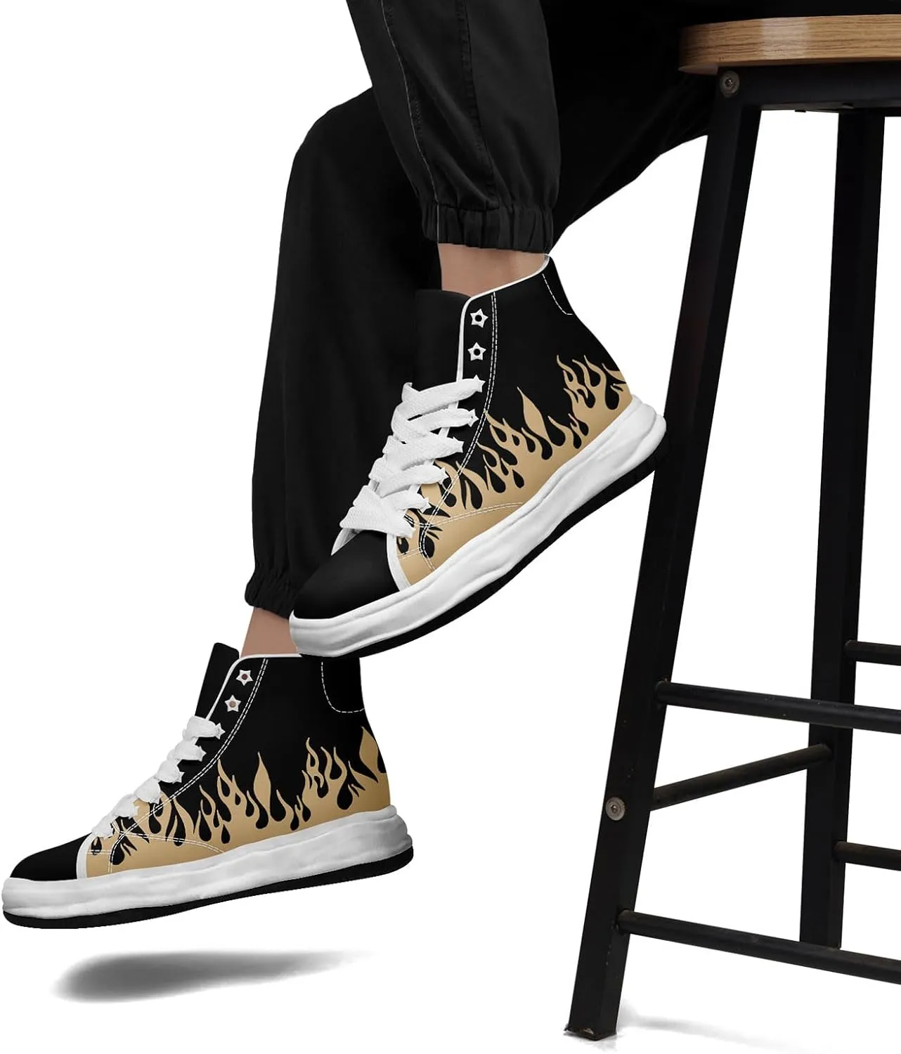 Custom Flame High-Top Platform Sneakers, Fashion Chunky Elevated Canvas Trainers for Streetwear Race Casual Footwear
