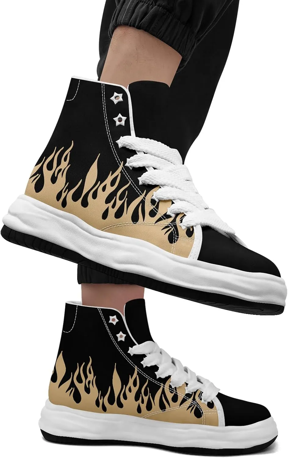 Custom Flame High-Top Platform Sneakers, Fashion Chunky Elevated Canvas Trainers for Streetwear Race Casual Footwear