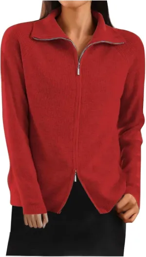 Cute Fall Sweaters for Women Trendy Long Sleeve Zip Up Collared Sweater Jackets Ribbed Knit Pullover Jumper
