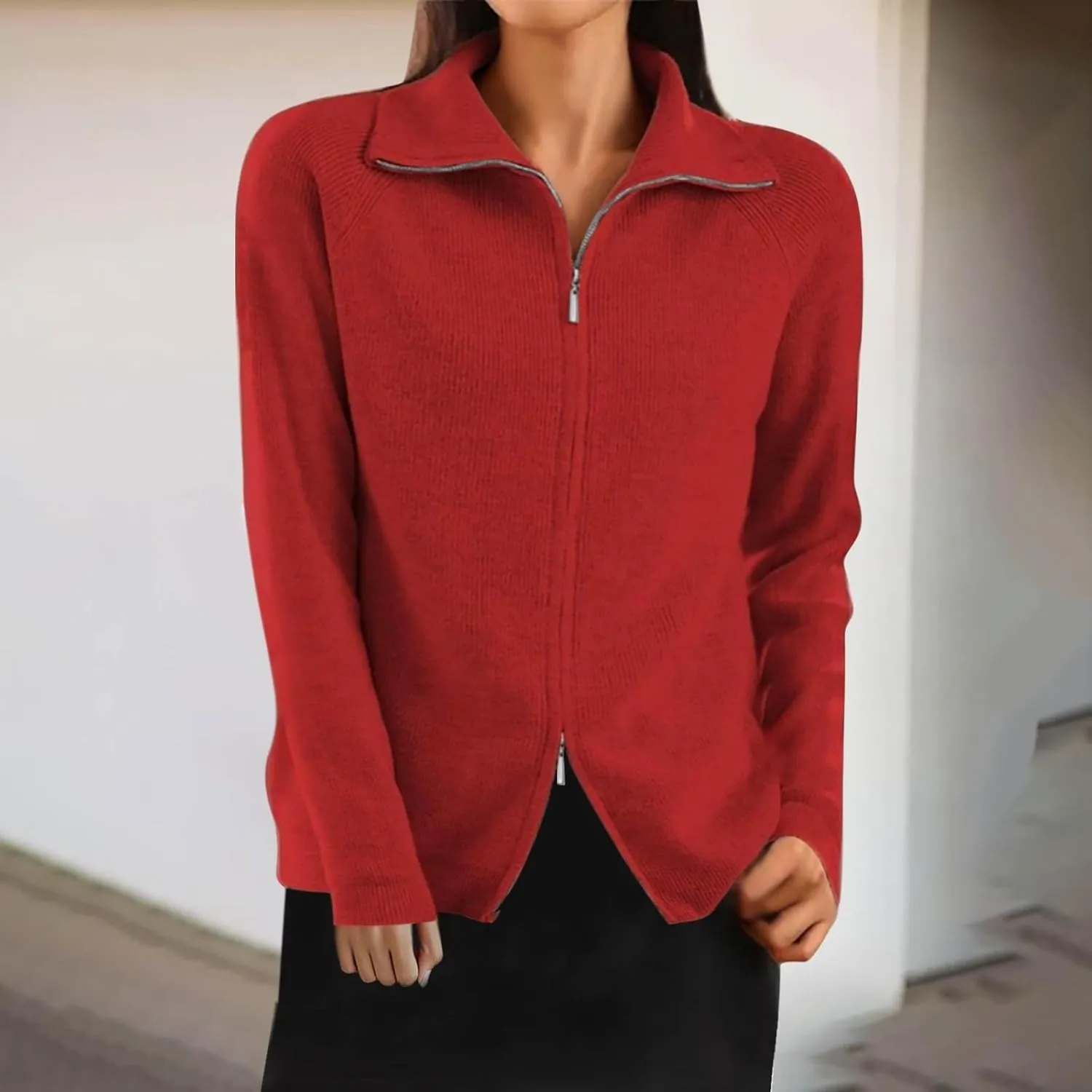 Cute Fall Sweaters for Women Trendy Long Sleeve Zip Up Collared Sweater Jackets Ribbed Knit Pullover Jumper