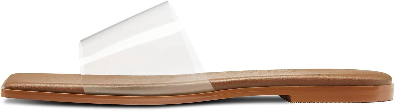 DearOnly Womens Low Heel Square Toe Mules Flats Slip-on Clear Wedding Dress Summer Shoes