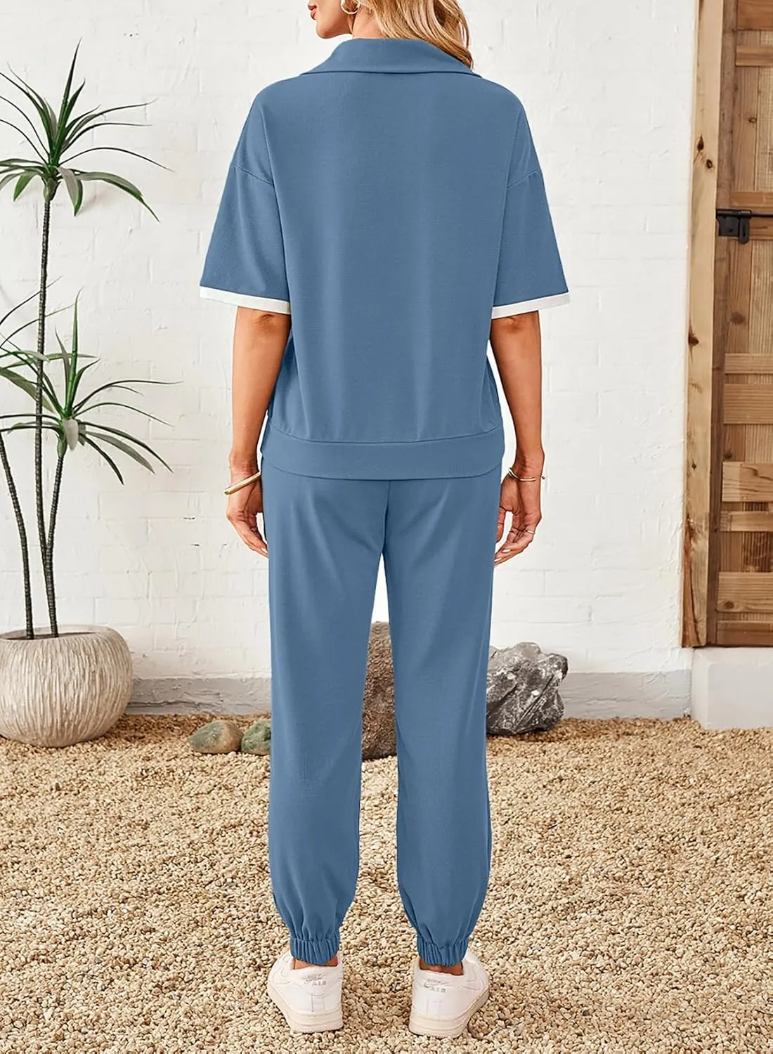 Dokotoo 2 Piece Sets for Women Summer Lapel V Neck Short Sleeve Tops Long Pants Tracksuit Lounge Jogger Set with Pockets