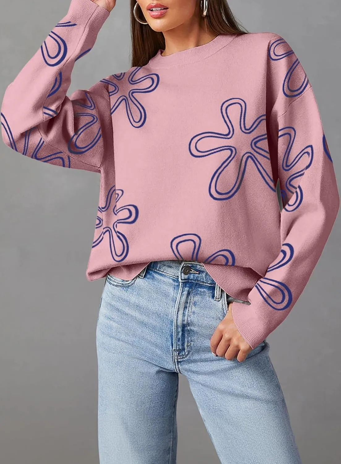 Dokotoo Sweaters for Women Casual Crewneck Long Sleeve Floral Print Cable Knit Pullover Sweater Tops
