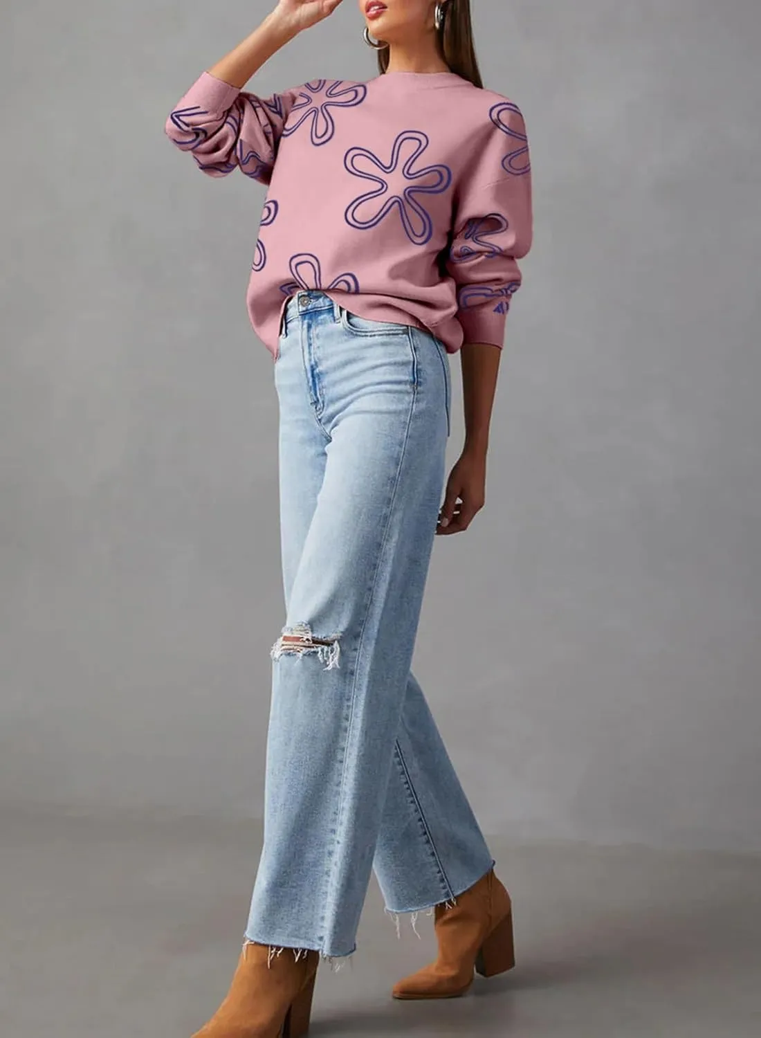 Dokotoo Sweaters for Women Casual Crewneck Long Sleeve Floral Print Cable Knit Pullover Sweater Tops