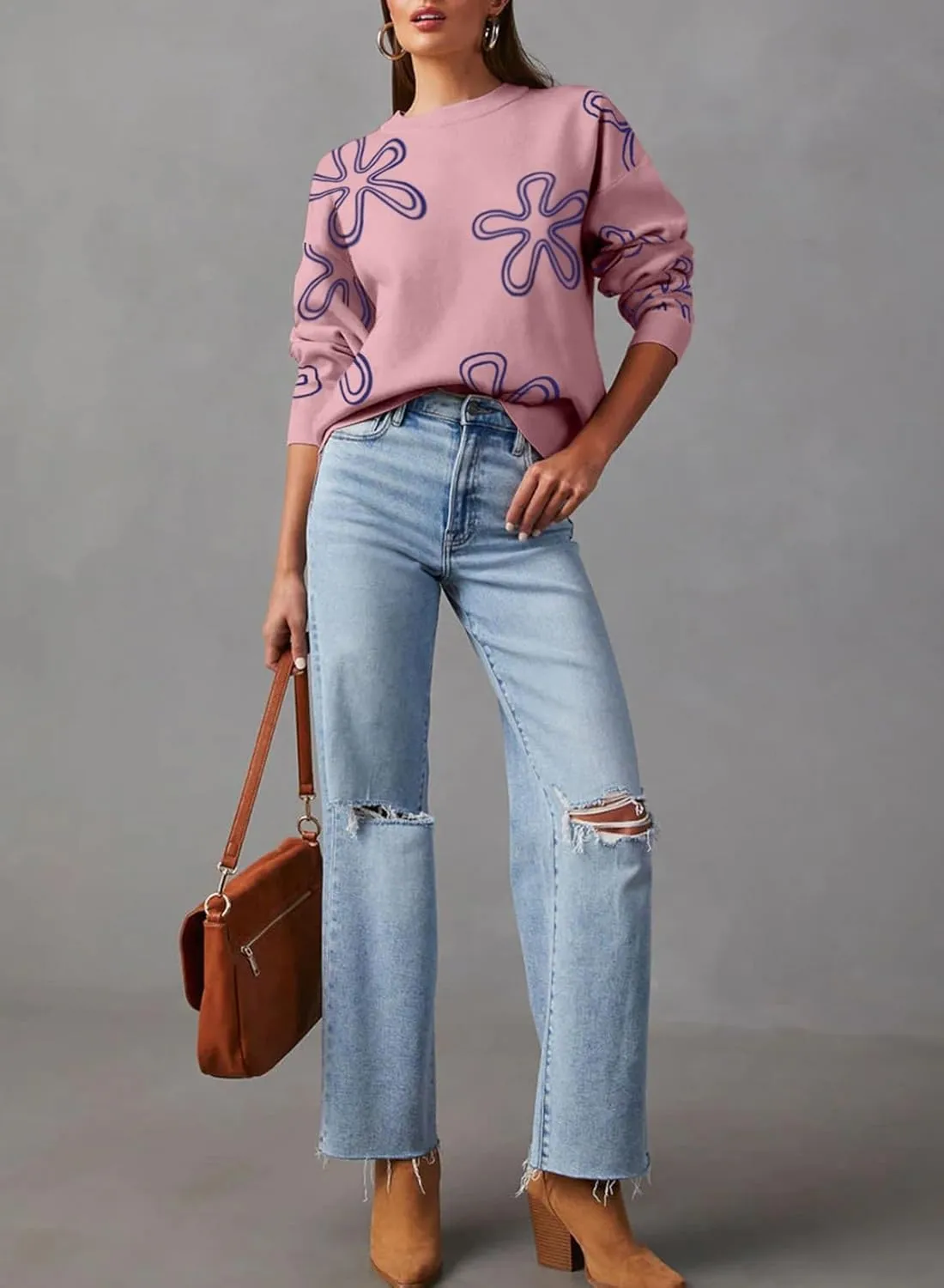 Dokotoo Sweaters for Women Casual Crewneck Long Sleeve Floral Print Cable Knit Pullover Sweater Tops
