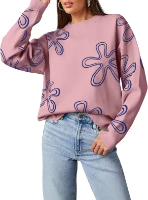 Dokotoo Sweaters for Women Casual Crewneck Long Sleeve Floral Print Cable Knit Pullover Sweater Tops
