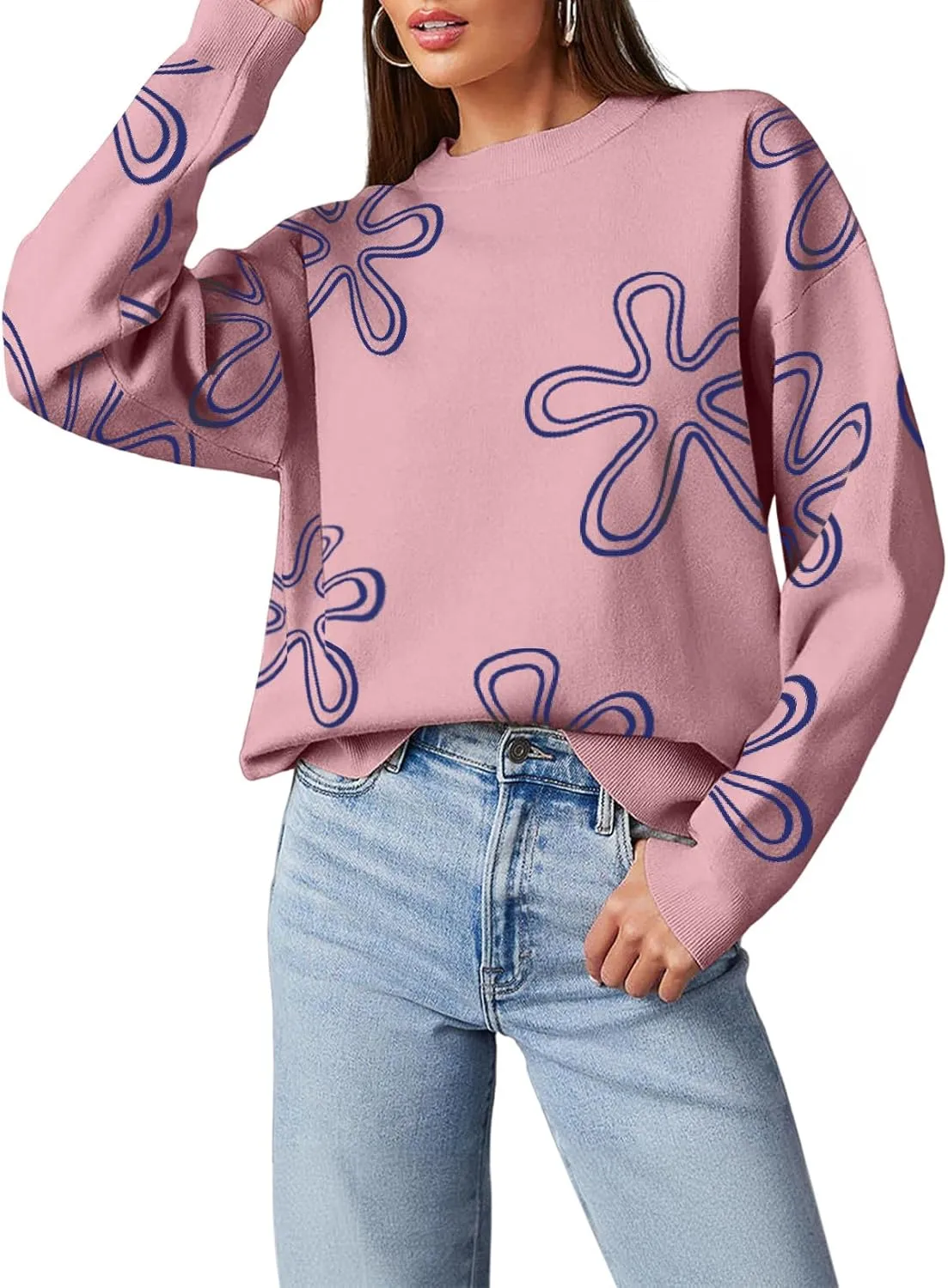 Dokotoo Sweaters for Women Casual Crewneck Long Sleeve Floral Print Cable Knit Pullover Sweater Tops