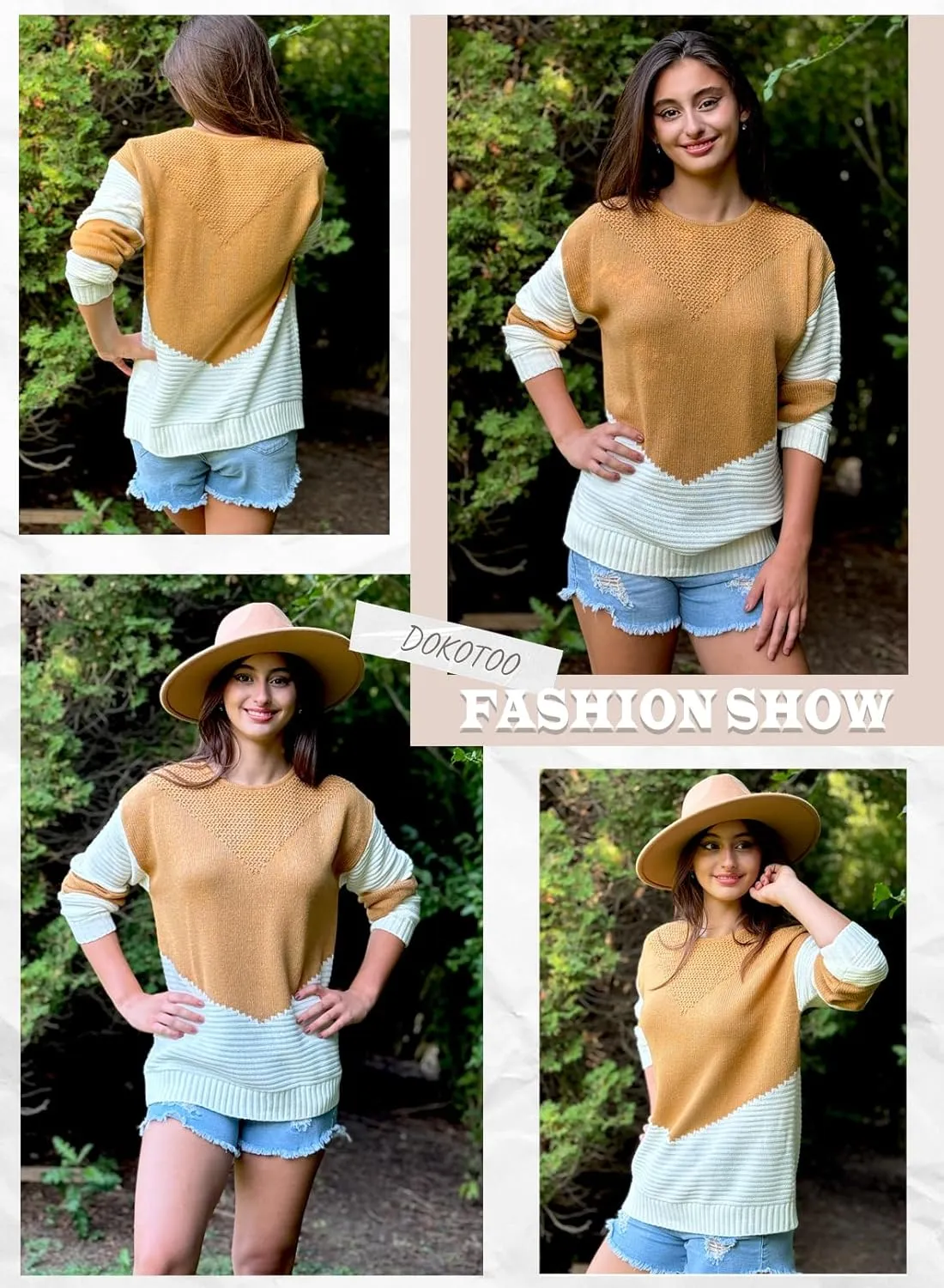Dokotoo Womens Crochet Crewneck Long Sleeve Pullovers Color Block Tunic Ribbed Sweaters Jumper Tops