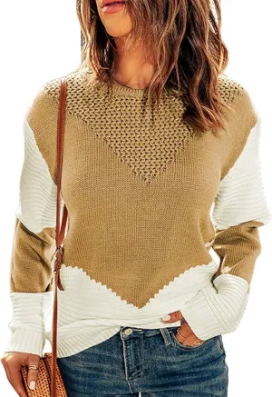 Dokotoo Womens Crochet Crewneck Long Sleeve Pullovers Color Block Tunic Ribbed Sweaters Jumper Tops