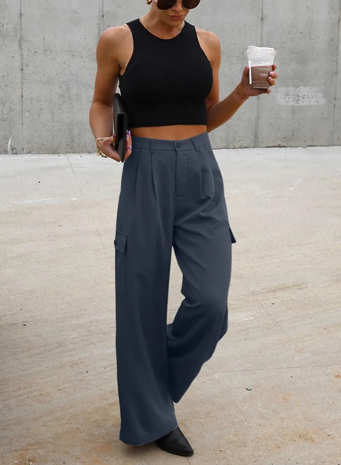Dokotoo Womens High Waisted Wide Leg Cargo Pants Baggy Casual Trendy Work Pants with 4 Pockets