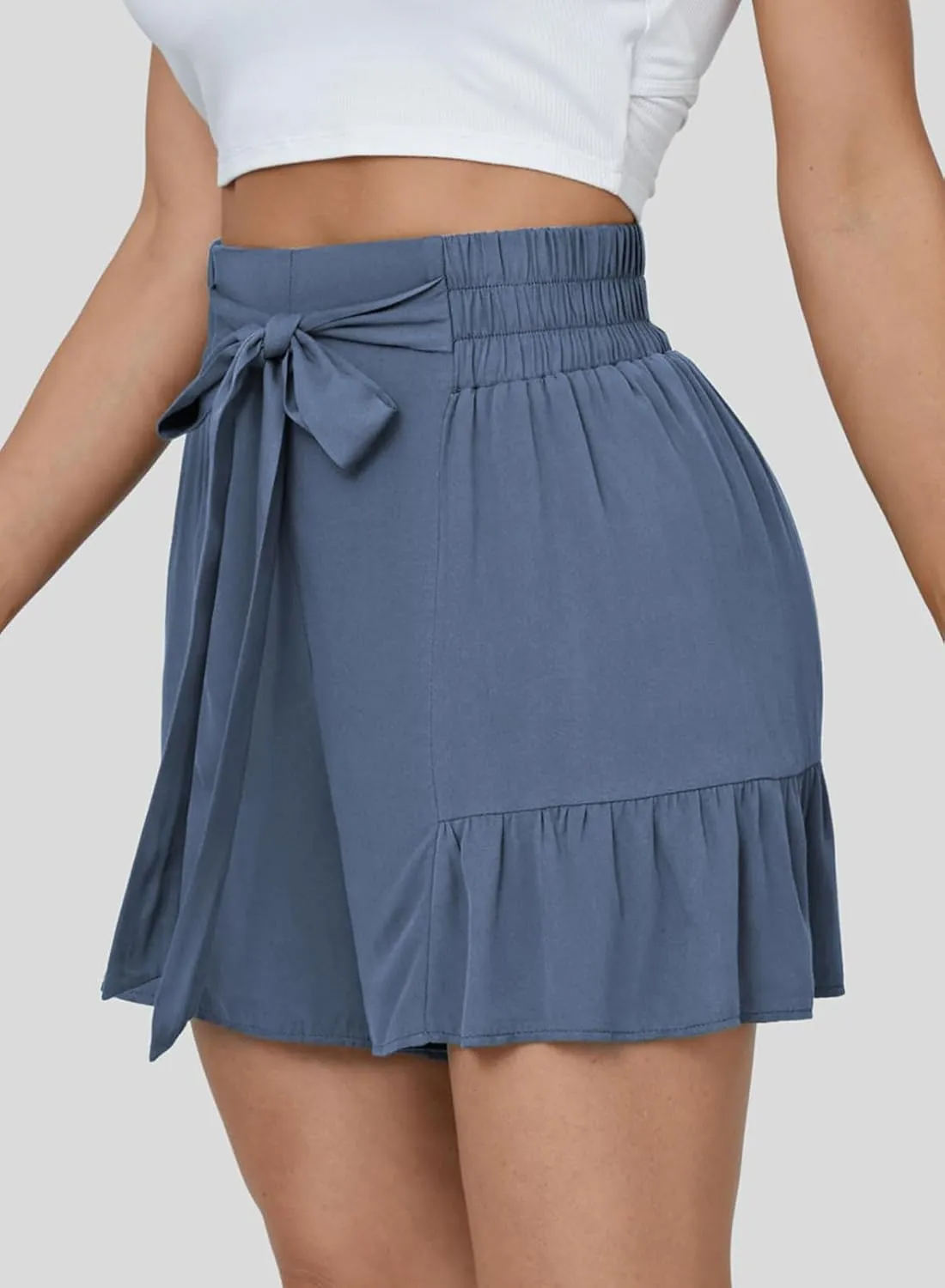 Dokotoo Womens Summer Casual Shorts High Waisted Tie Knot Front Ruffle Hem Wide Leg Flowy Shorts for Women Trendy