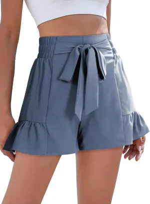 Dokotoo Womens Summer Casual Shorts High Waisted Tie Knot Front Ruffle Hem Wide Leg Flowy Shorts for Women Trendy