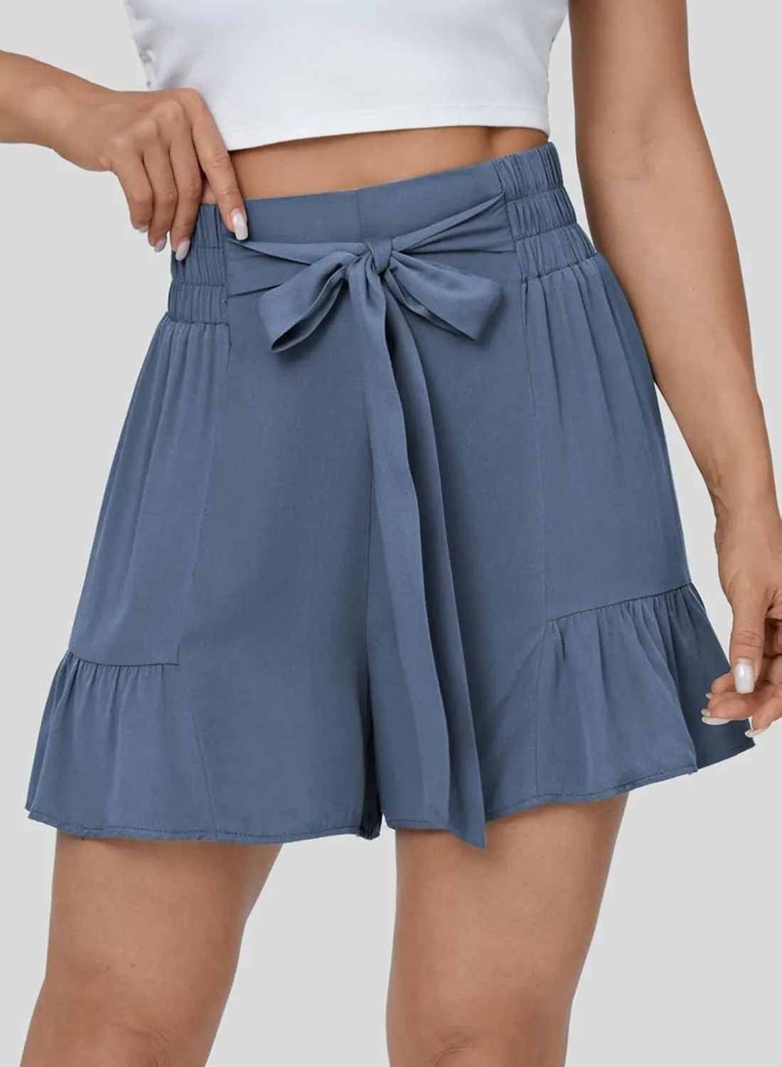 Dokotoo Womens Summer Casual Shorts High Waisted Tie Knot Front Ruffle Hem Wide Leg Flowy Shorts for Women Trendy