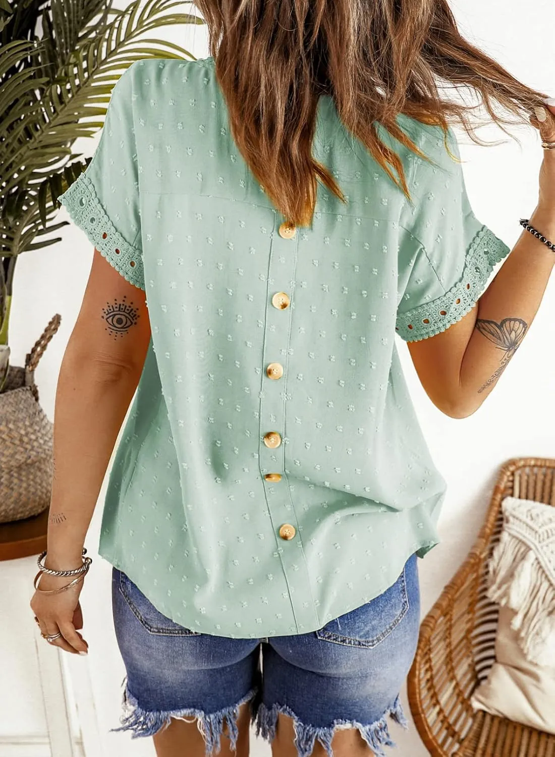 Dokotoo Womens Summer Tops Crewneck Lace Crochet Short Sleeve Shirts Casual Chiffon Blouses