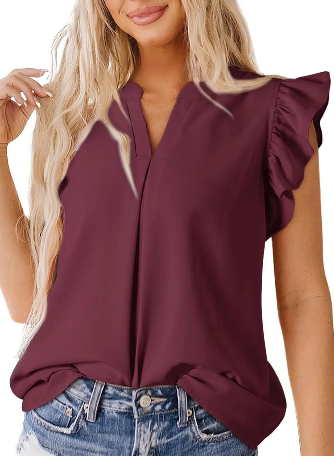 Dokotoo Womens Summer Tops Dressy Casual V Neck Ruffle Short Sleeve Solid Blouses Tops