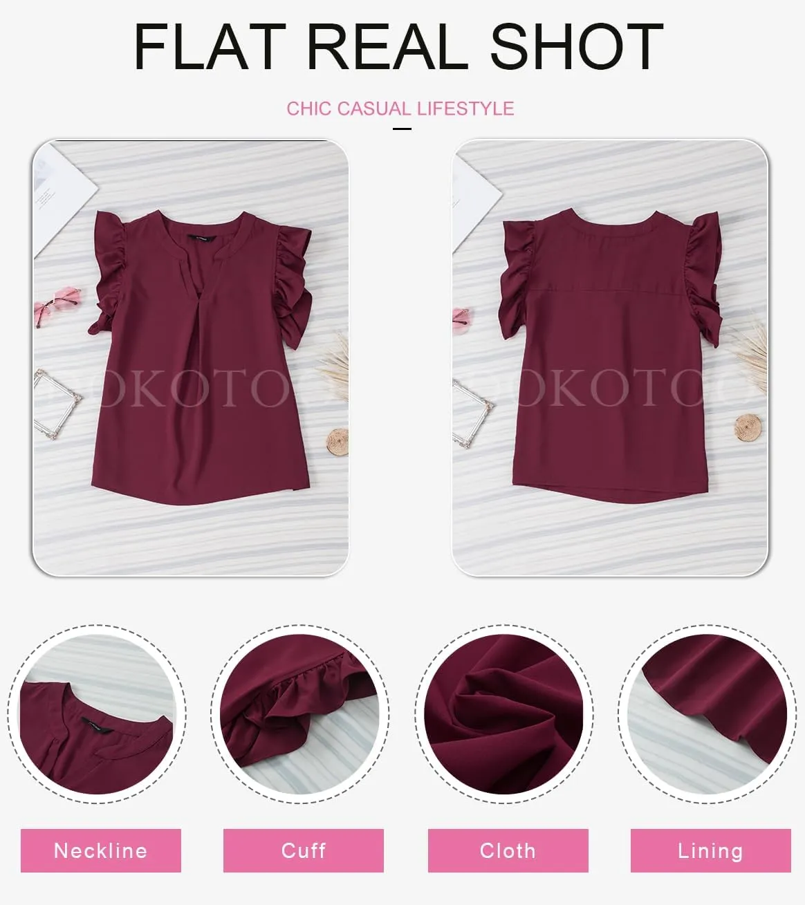 Dokotoo Womens Summer Tops Dressy Casual V Neck Ruffle Short Sleeve Solid Blouses Tops