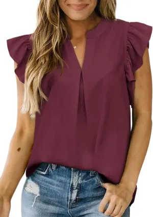 Dokotoo Womens Summer Tops Dressy Casual V Neck Ruffle Short Sleeve Solid Blouses Tops
