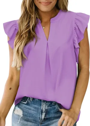 Dokotoo Womens Summer Tops Dressy Casual V Neck Ruffle Short Sleeve Solid Blouses Tops