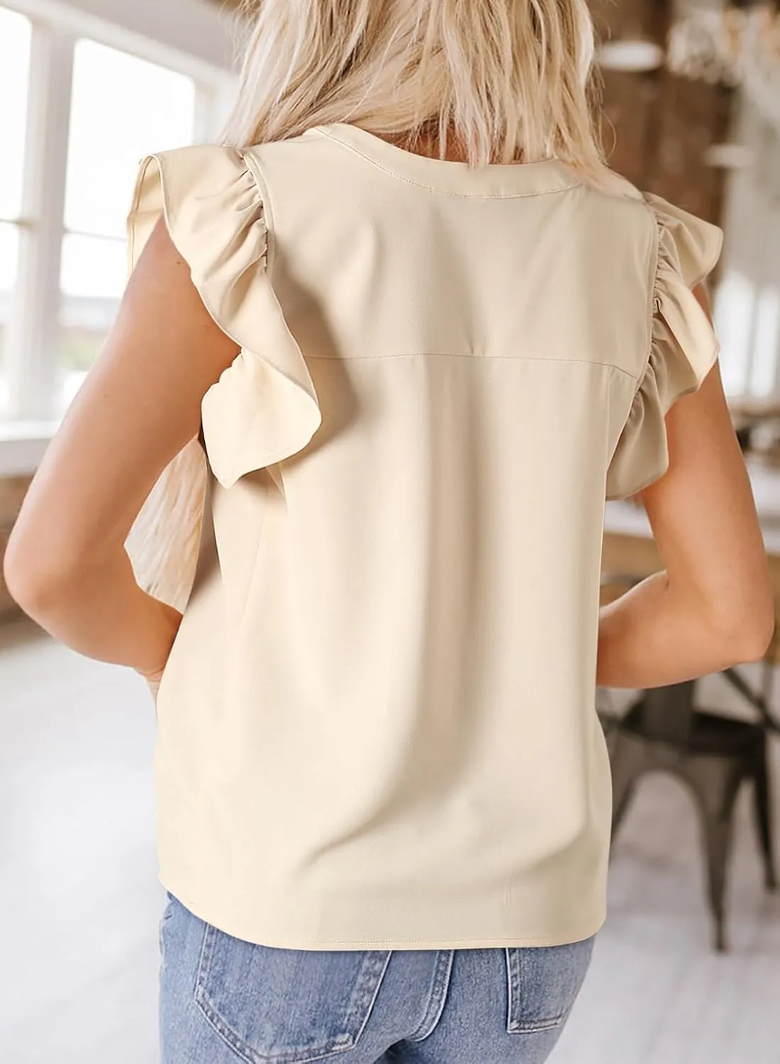 Dokotoo Womens Summer Tops Dressy Casual V Neck Ruffle Short Sleeve Solid Blouses Tops