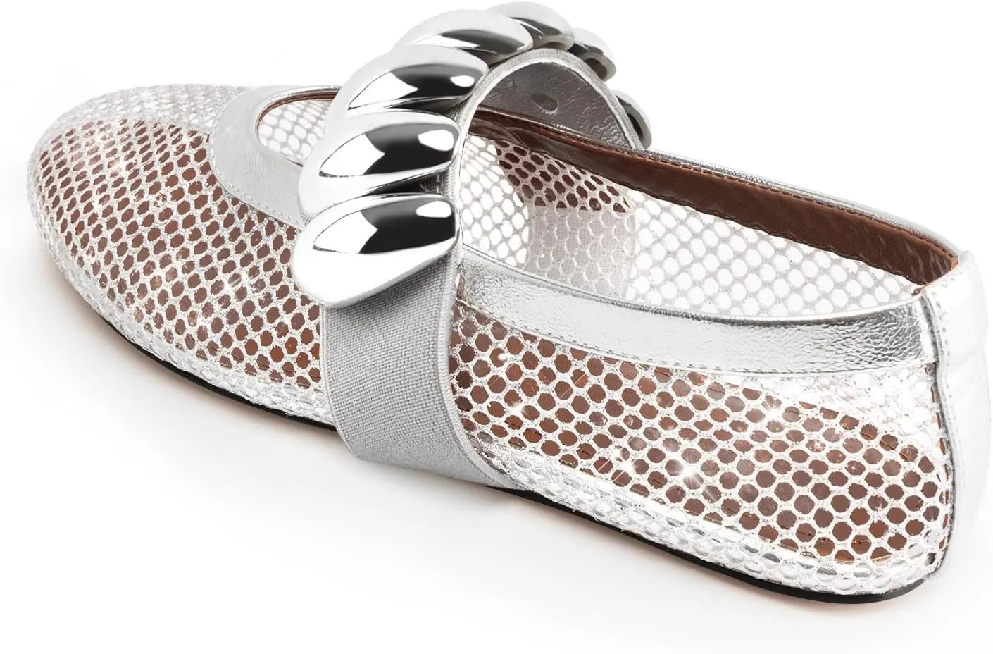 DREAMCIA Mesh Ballet Flats for Women Buckle Strap Ballerina Fishnet Shoes Slip-on Round Toe Jewel Mary Jane Flats Comfy Daily Dress Shoes