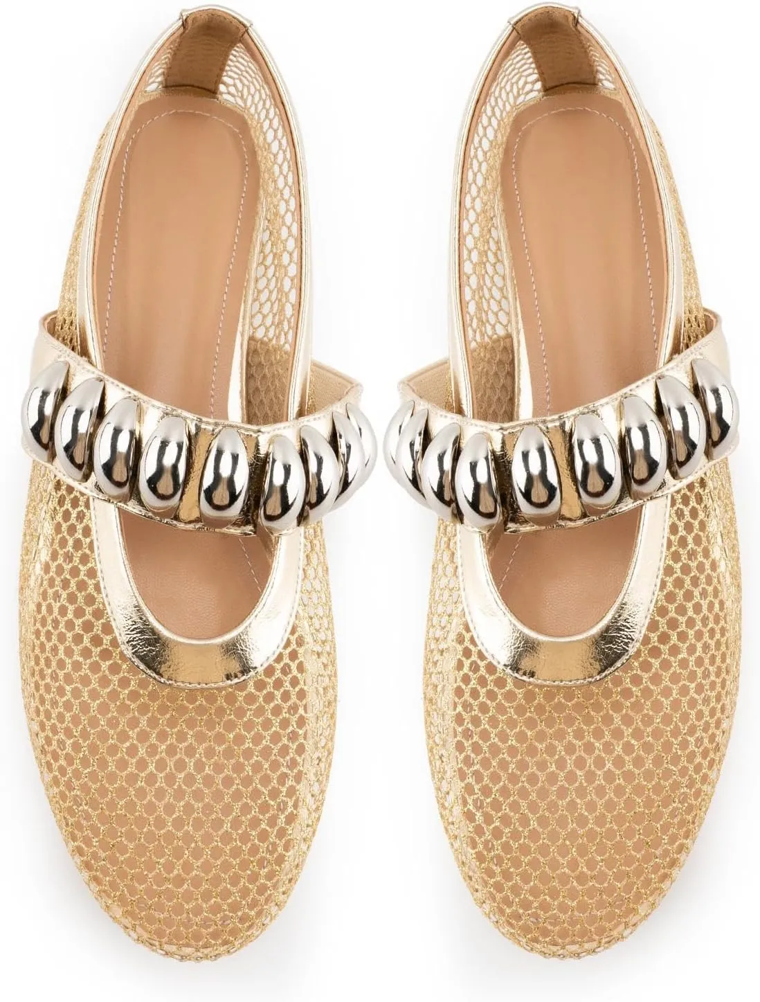 DREAMCIA Mesh Ballet Flats Rhinestone Buckle Strap Embellished Ballerina Shoes Fishnet Mary Jane Flats Metallic Gem Slip-on Round Toe for Women Comfy Casual Office Daily Shoes