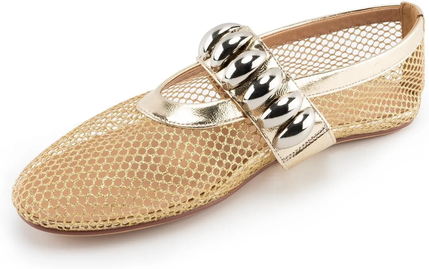 DREAMCIA Mesh Ballet Flats Rhinestone Buckle Strap Embellished Ballerina Shoes Fishnet Mary Jane Flats Metallic Gem Slip-on Round Toe for Women Comfy Casual Office Daily Shoes