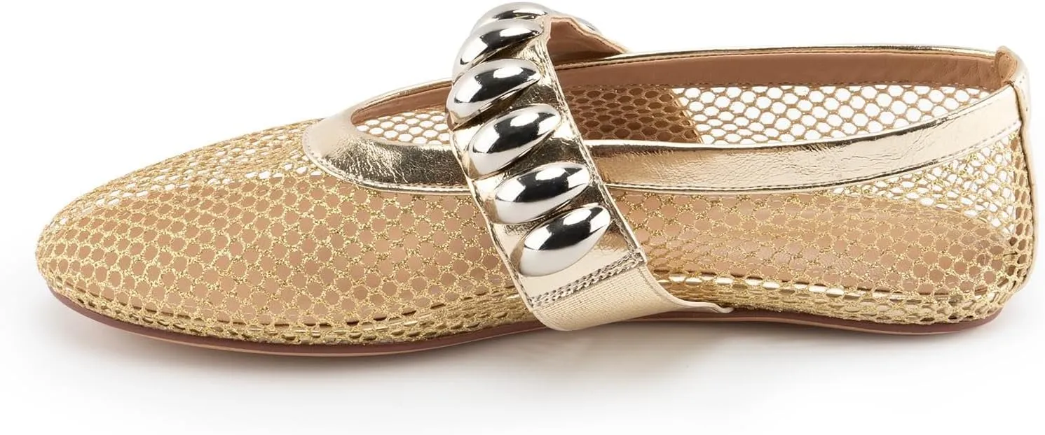 DREAMCIA Mesh Ballet Flats Rhinestone Buckle Strap Embellished Ballerina Shoes Fishnet Mary Jane Flats Metallic Gem Slip-on Round Toe for Women Comfy Casual Office Daily Shoes