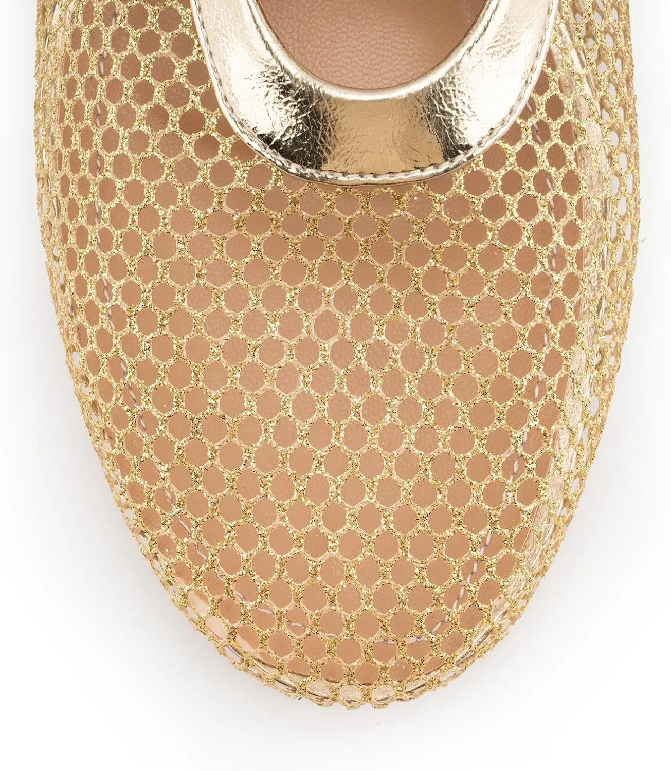 DREAMCIA Mesh Ballet Flats Rhinestone Buckle Strap Embellished Ballerina Shoes Fishnet Mary Jane Flats Metallic Gem Slip-on Round Toe for Women Comfy Casual Office Daily Shoes