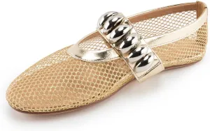 DREAMCIA Mesh Ballet Flats Rhinestone Buckle Strap Embellished Ballerina Shoes Fishnet Mary Jane Flats Metallic Gem Slip-on Round Toe for Women Comfy Casual Office Daily Shoes