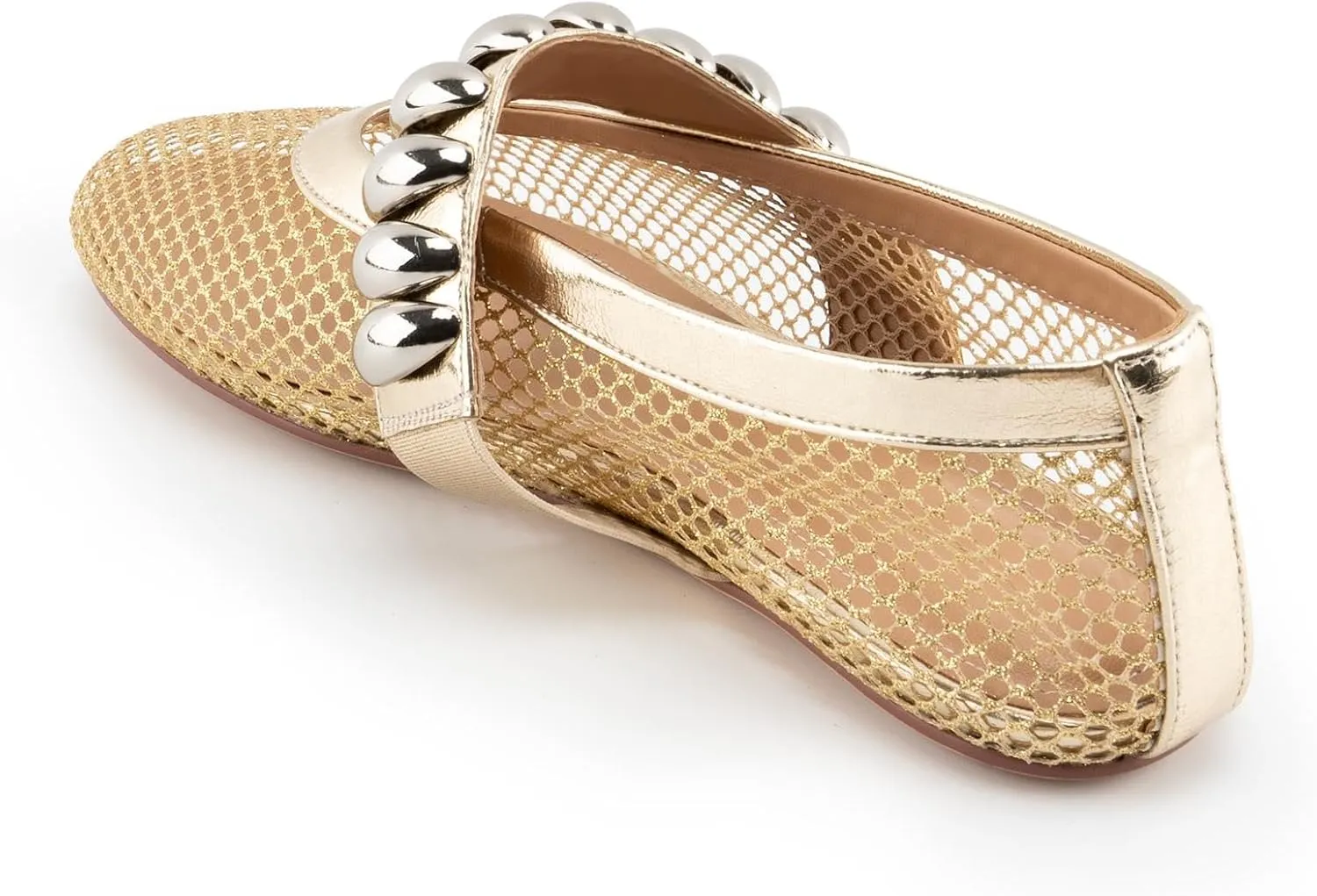 DREAMCIA Mesh Ballet Flats Rhinestone Buckle Strap Embellished Ballerina Shoes Fishnet Mary Jane Flats Metallic Gem Slip-on Round Toe for Women Comfy Casual Office Daily Shoes