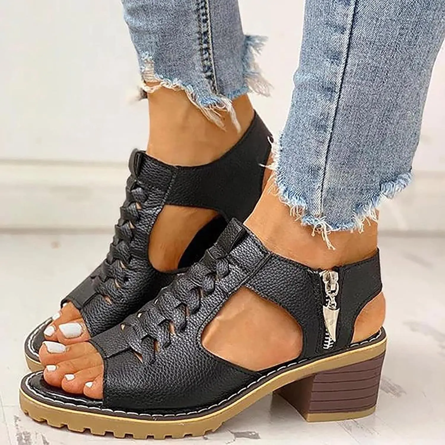 Dress Shoes Women Peep Toe Chunky Heels Short Heel Sandals Comfort Summer Sandals Cutout Zipper Casual Shoes