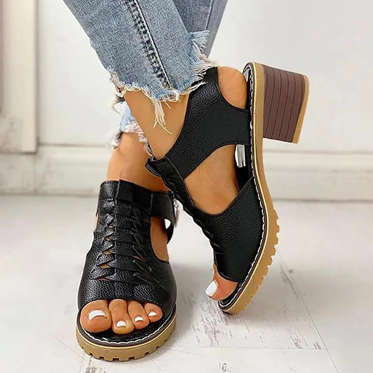Dress Shoes Women Peep Toe Chunky Heels Short Heel Sandals Comfort Summer Sandals Cutout Zipper Casual Shoes