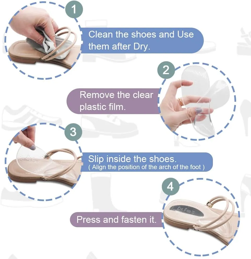 Dr.Foot Arch Support Shoe Inserts for Plantar Fasciitis Relief, Self-Adhesive Arch Pads Heel Cushion for Flats, Heel Pain, Gel Arch Insoles for Men and Women 2 Pairs (Large, Transparent)