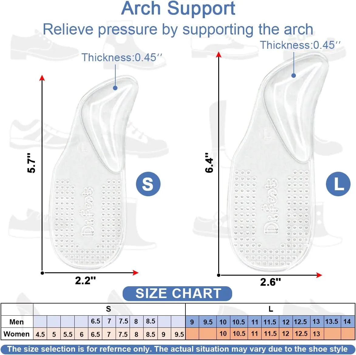 Dr.Foot Arch Support Shoe Inserts for Plantar Fasciitis Relief, Self-Adhesive Arch Pads Heel Cushion for Flats, Heel Pain, Gel Arch Insoles for Men and Women 2 Pairs (Large, Transparent)