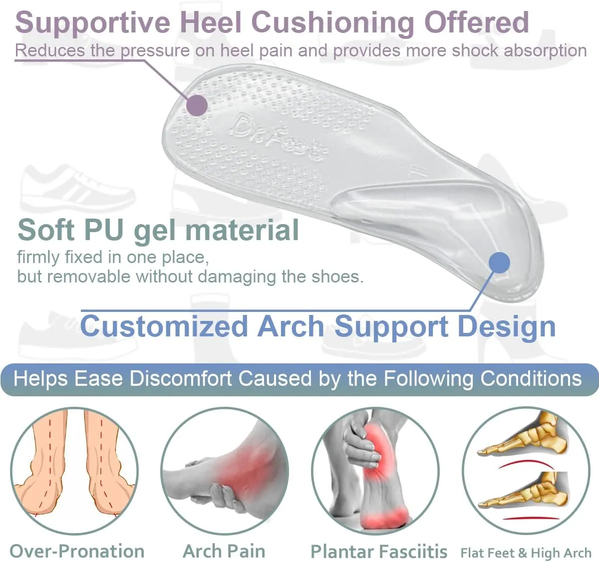 Dr.Foot Arch Support Shoe Inserts for Plantar Fasciitis Relief, Self-Adhesive Arch Pads Heel Cushion for Flats, Heel Pain, Gel Arch Insoles for Men and Women 2 Pairs (Large, Transparent)