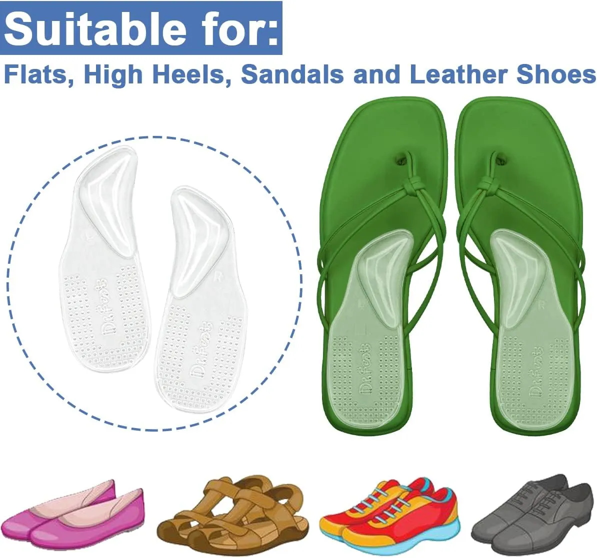 Dr.Foot Arch Support Shoe Inserts for Plantar Fasciitis Relief, Self-Adhesive Arch Pads Heel Cushion for Flats, Heel Pain, Gel Arch Insoles for Men and Women 2 Pairs (Large, Transparent)