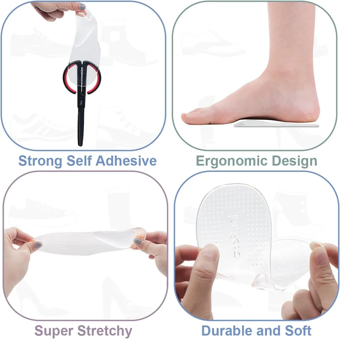 Dr.Foot Arch Support Shoe Inserts for Plantar Fasciitis Relief, Self-Adhesive Arch Pads Heel Cushion for Flats, Heel Pain, Gel Arch Insoles for Men and Women 2 Pairs (Large, Transparent)