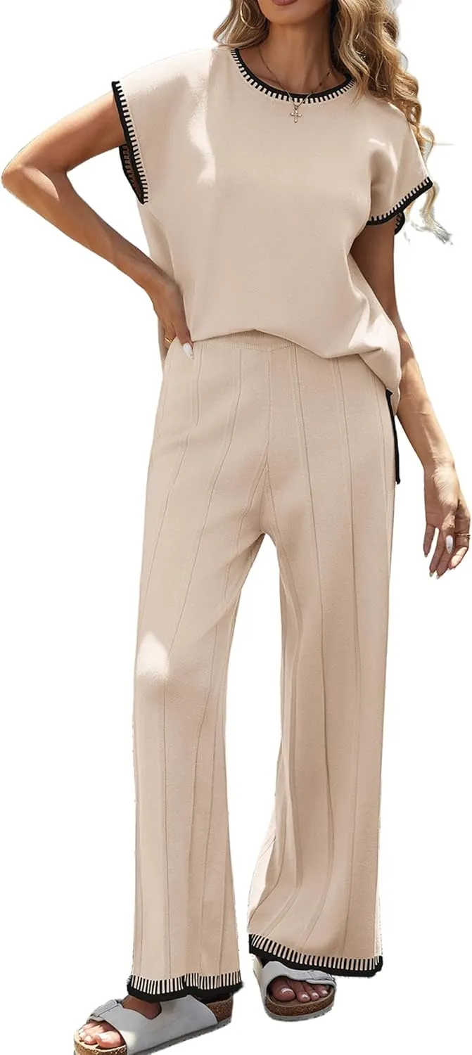 Ekouaer 2 Pieces Outfits for Women Tracksuit Pullover Top and Wide Leg Pants Knit Matching Set Loungewear