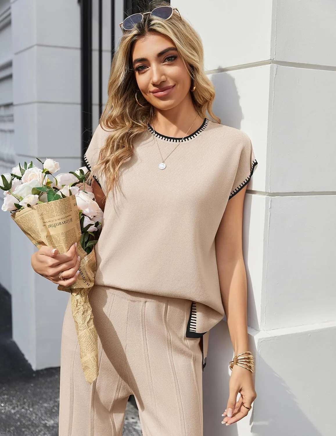 Ekouaer 2 Pieces Outfits for Women Tracksuit Pullover Top and Wide Leg Pants Knit Matching Set Loungewear