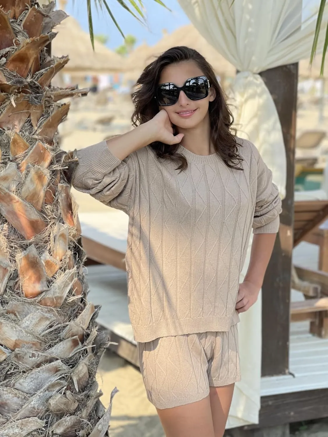 Ekouaer Knit Lounge Sets for Women 2 Piece Cozy Long Sleeve Pullover Sweater Top and Shorts Set Sweatsuit Outfits