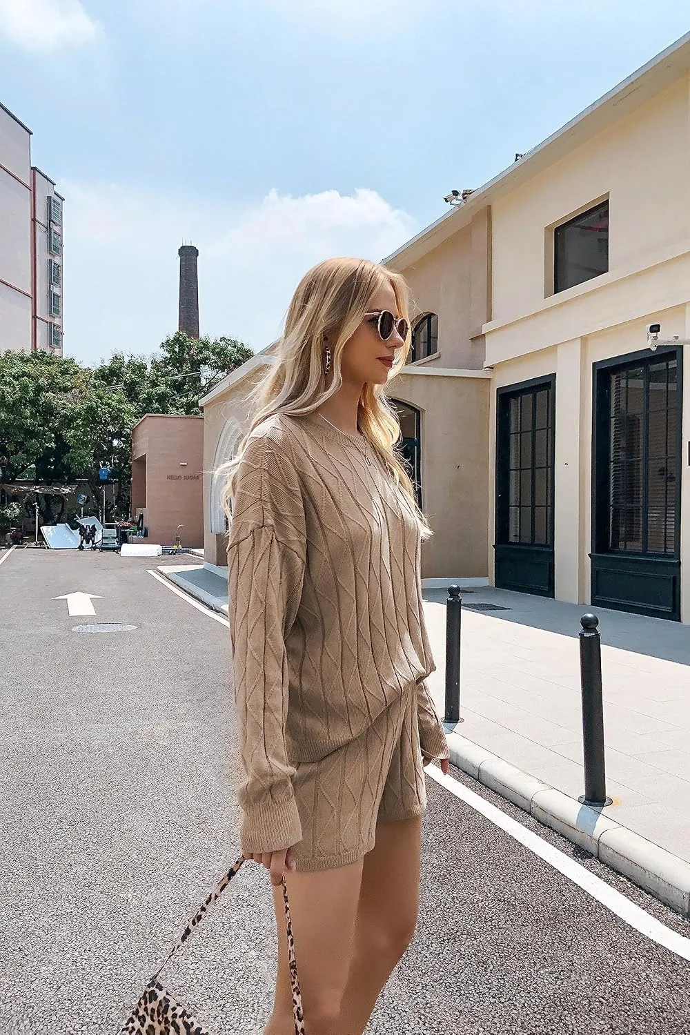 Ekouaer Knit Lounge Sets for Women 2 Piece Cozy Long Sleeve Pullover Sweater Top and Shorts Set Sweatsuit Outfits