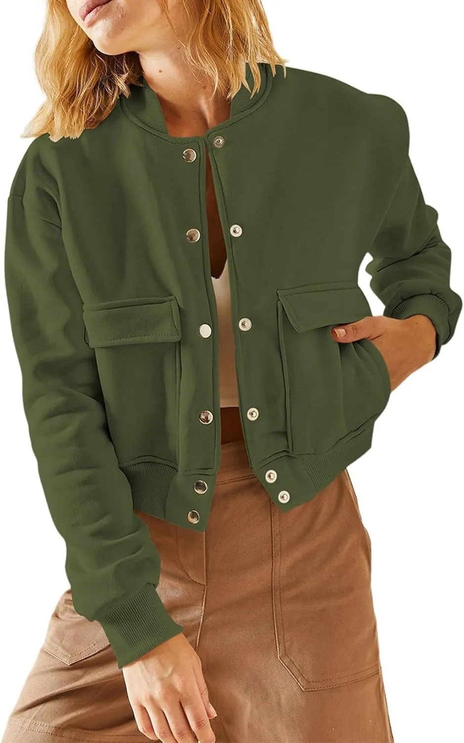 EVALESS Womens Jacket 2024 Fall Winter Long Sleeve Stand Collar Shacket with Side Pocket Lightweight Coat