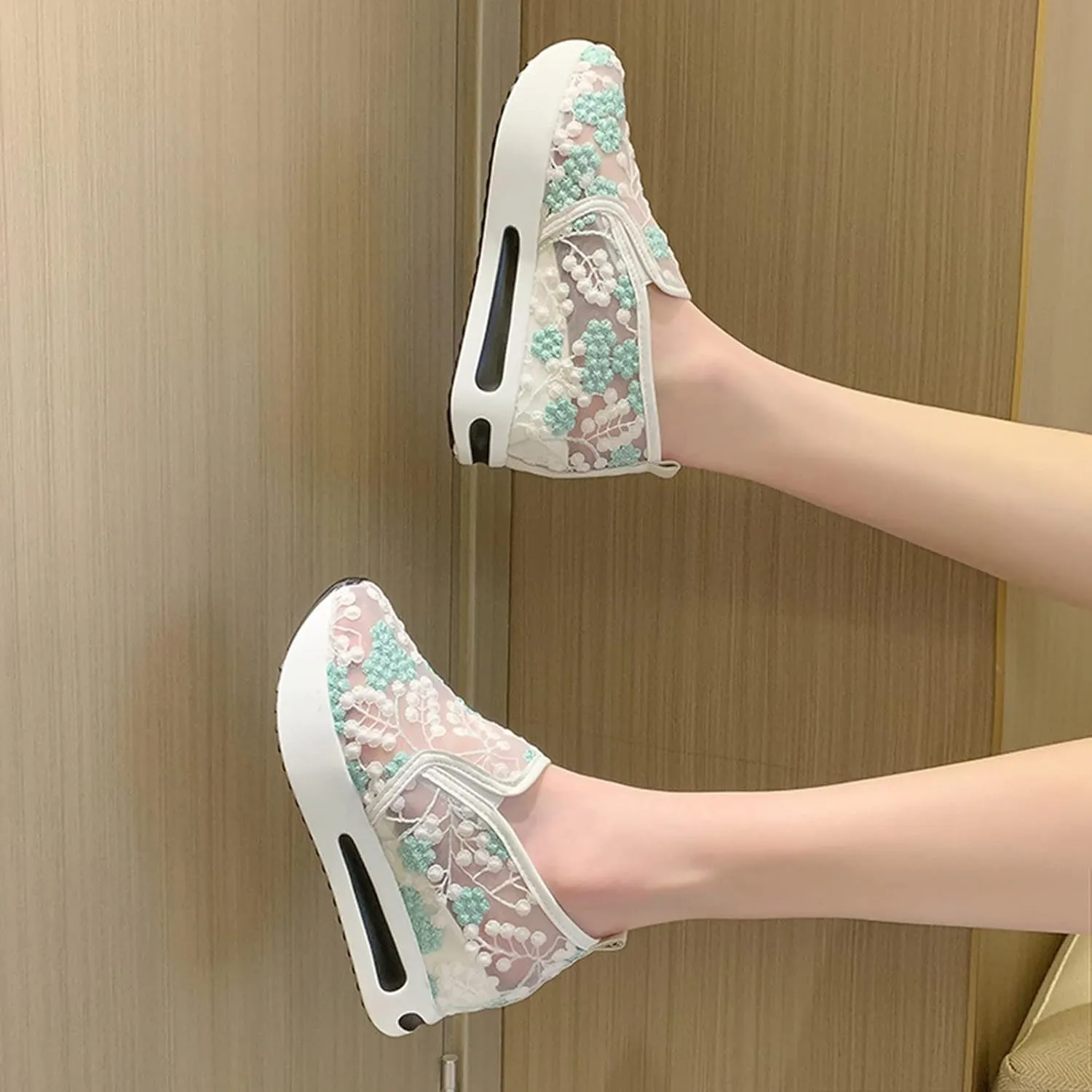 Fashion Sneakers for Women 2023 Floral Embroidery Breathable Sheer Mesh Sneakers Slip On Sneakers Platform Wedge Sneakers Dressy Casual Shoes Walking Sneakers (A-Green, 7)