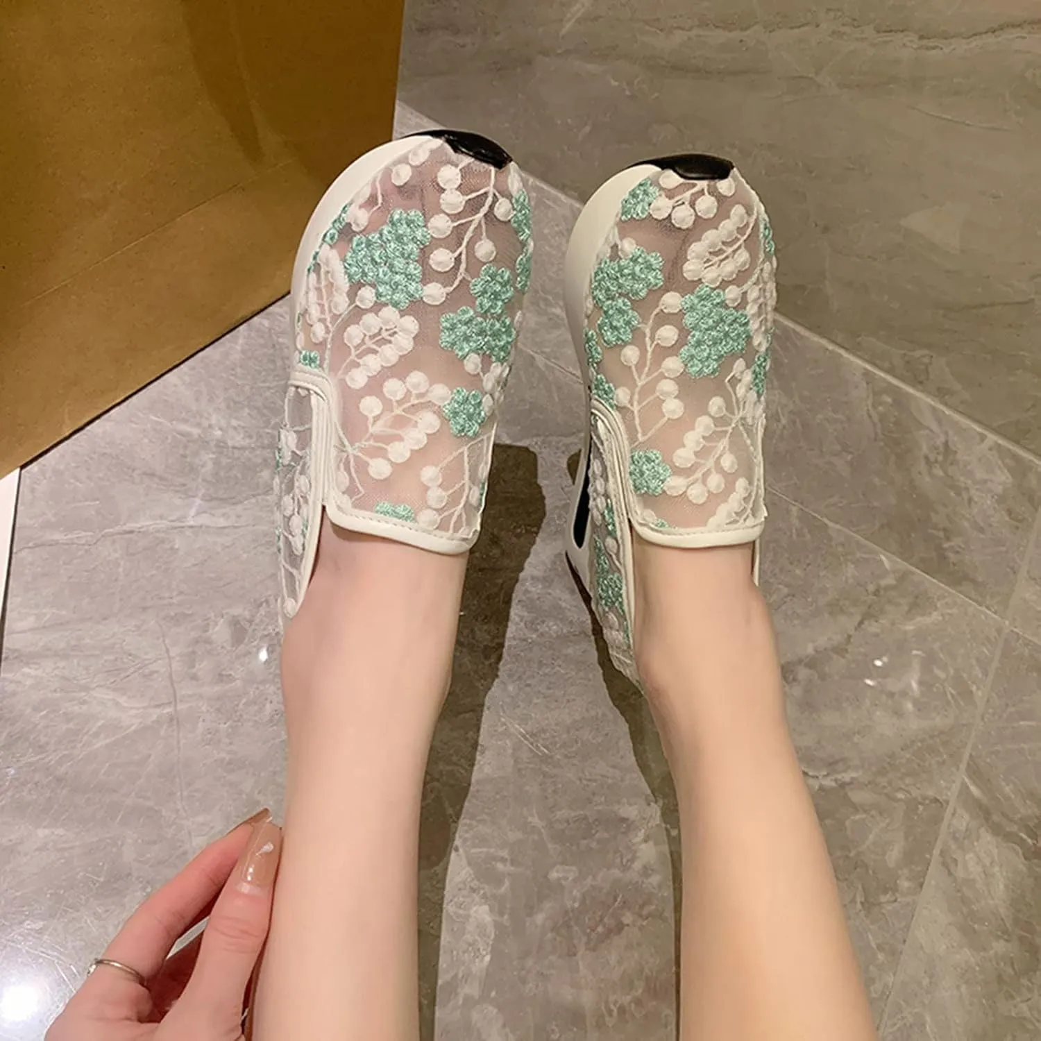 Fashion Sneakers for Women 2023 Floral Embroidery Breathable Sheer Mesh Sneakers Slip On Sneakers Platform Wedge Sneakers Dressy Casual Shoes Walking Sneakers (A-Green, 7)