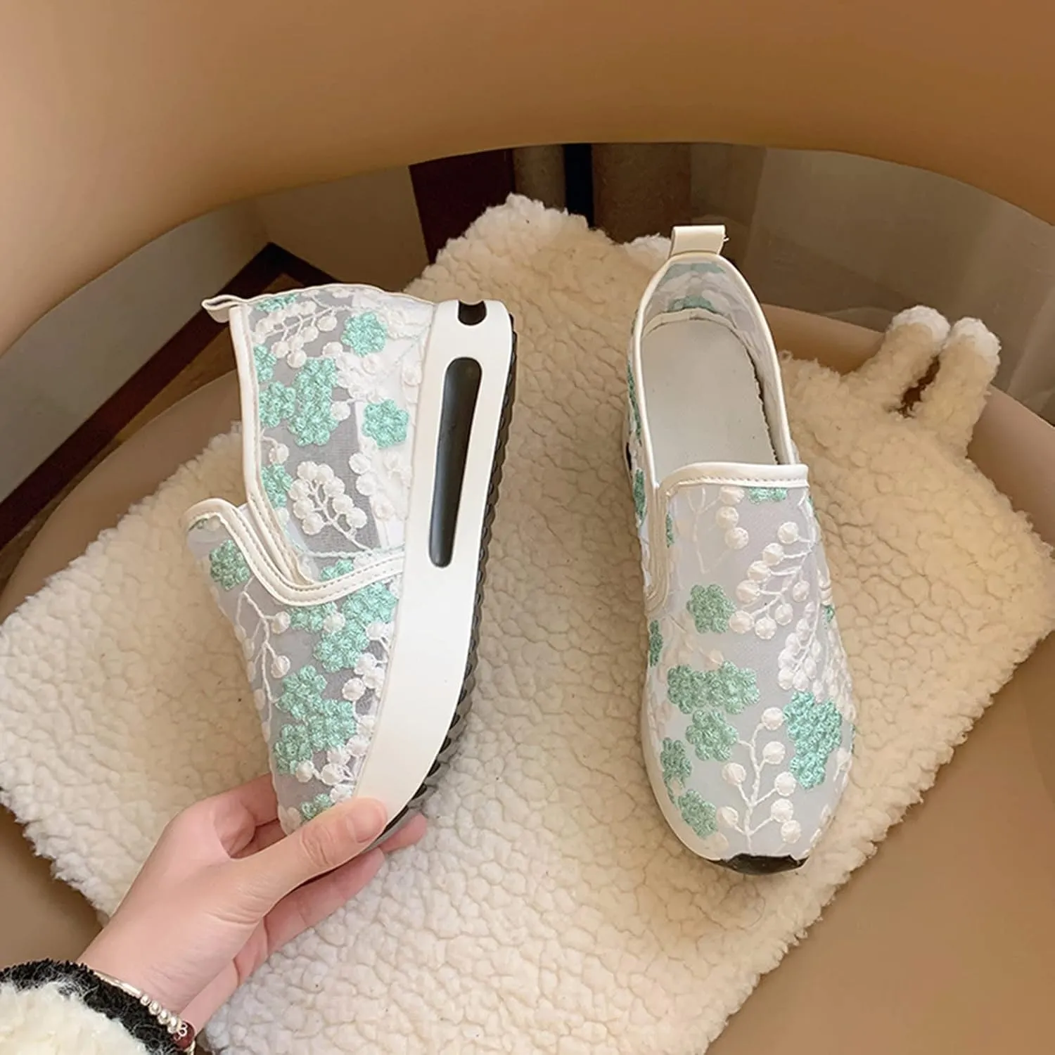 Fashion Sneakers for Women 2023 Floral Embroidery Breathable Sheer Mesh Sneakers Slip On Sneakers Platform Wedge Sneakers Dressy Casual Shoes Walking Sneakers (A-Green, 7)