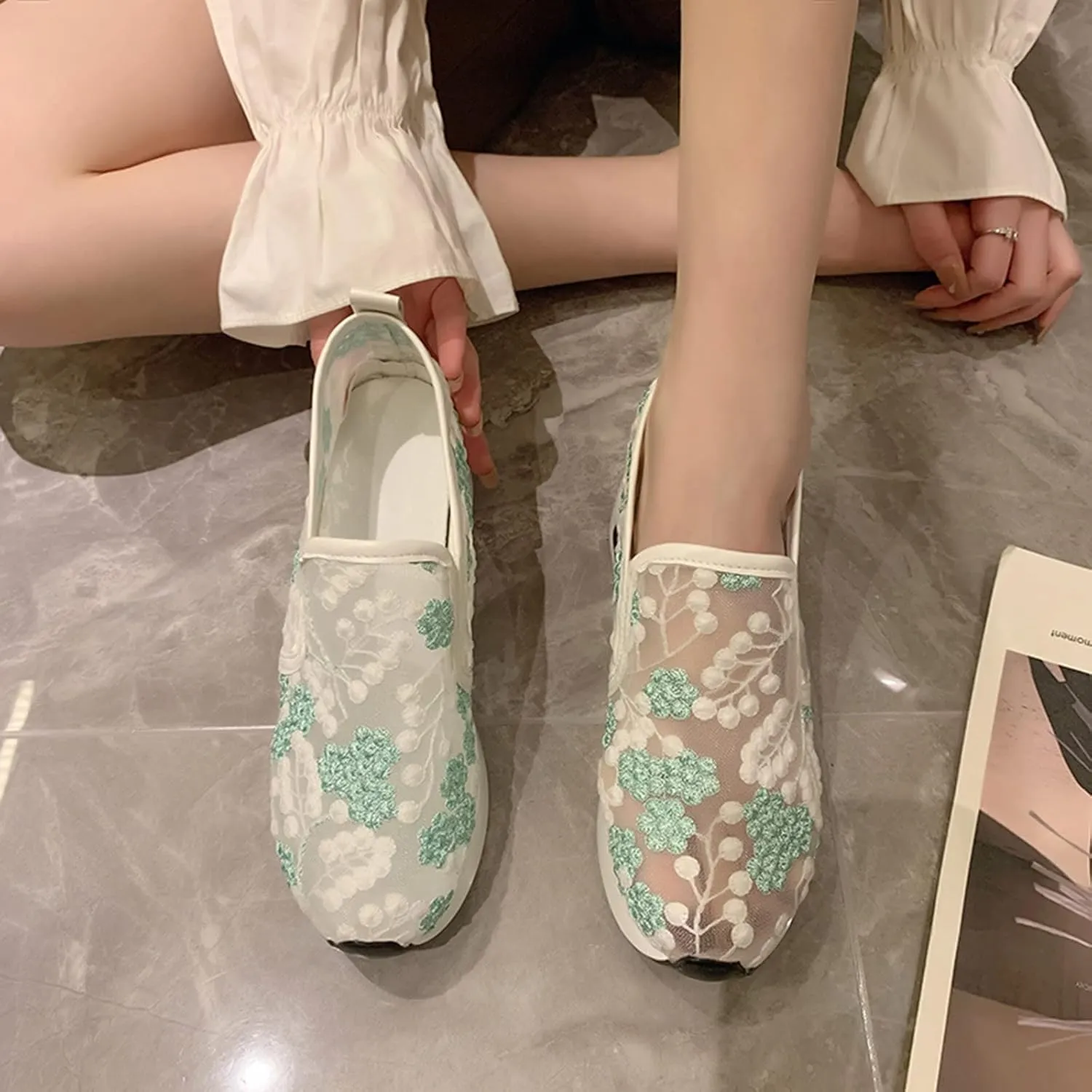 Fashion Sneakers for Women 2023 Floral Embroidery Breathable Sheer Mesh Sneakers Slip On Sneakers Platform Wedge Sneakers Dressy Casual Shoes Walking Sneakers (A-Green, 7)
