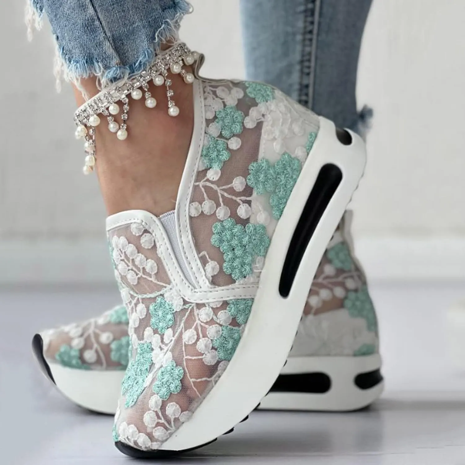 Fashion Sneakers for Women 2023 Floral Embroidery Breathable Sheer Mesh Sneakers Slip On Sneakers Platform Wedge Sneakers Dressy Casual Shoes Walking Sneakers (A-Green, 7)