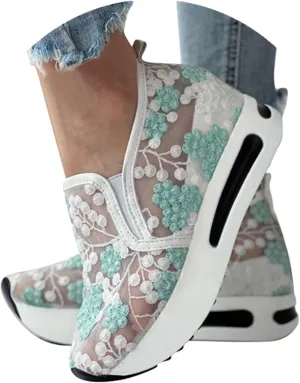 Fashion Sneakers for Women 2023 Floral Embroidery Breathable Sheer Mesh Sneakers Slip On Sneakers Platform Wedge Sneakers Dressy Casual Shoes Walking Sneakers (A-Green, 7)